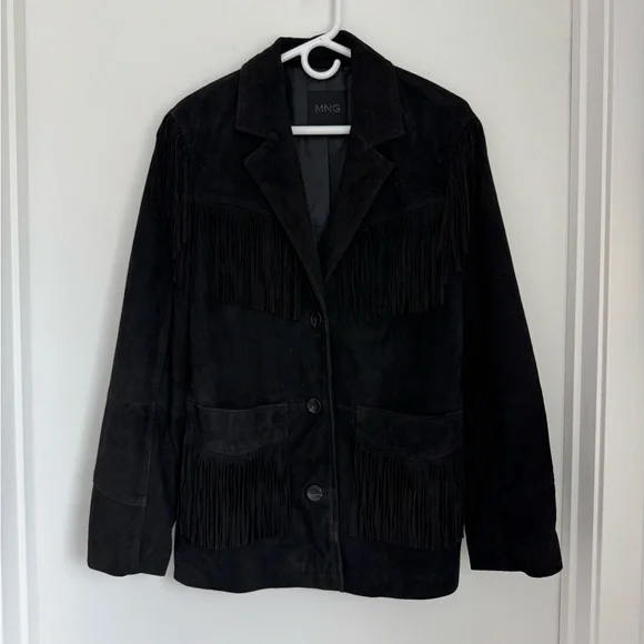 Mango Small Black Fringe Suede Jacket